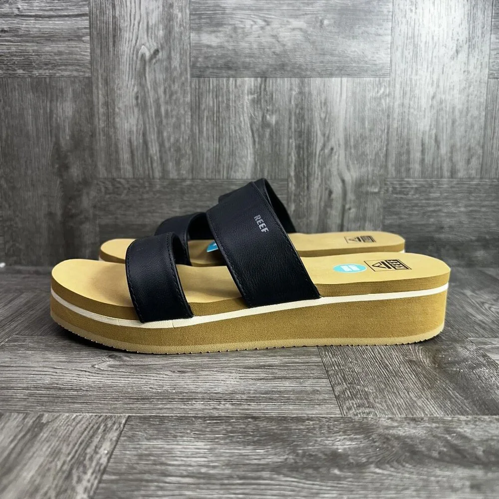 Reef Vista Hi Black Tan Platform Sandals Vegan Leather Slides Women Size 10